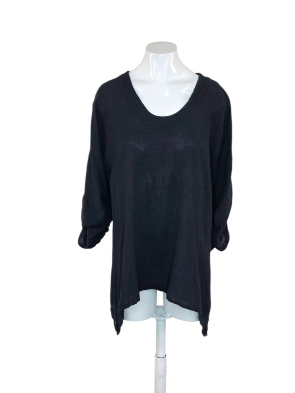 Oh My Gauze! 3/4 Ruched Sleeve Drapey Shirt, Black, Lagenlook, 1/US S/M